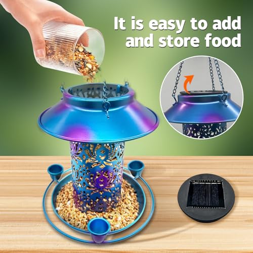 Solar Bird Feeder for Outdoors, 3 Nectar Cups for Hummingbirds, Metal Squirrel-Proof Weatherproof, 2-in-1 Garden Lantern Auto Light at Night, Perfect for Birthdays, Christmas, Bird Lovers