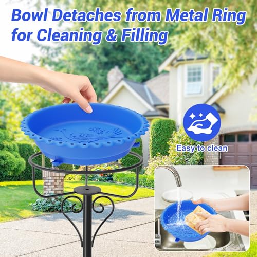 Bird Bath for Outside,12" Plastic Removable Bowl,Blue | Heavy Duty Metal 5 Prongs Base,Easy CLean,Weather-Resistant,Rust-Proof,40" Freestanding Birdbath for Garden Patio Yard Lawn - color: Blue-Freestanding