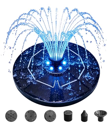 6.3" Solar Bird Bath Fountain with Color LED Lights | 9V/2W Solar Fountain Pump, 800mAh Battery Backup, 4 Fixed Rods 5 Spray Patterns for Birdbath Pond Patio Flowing Water Feature