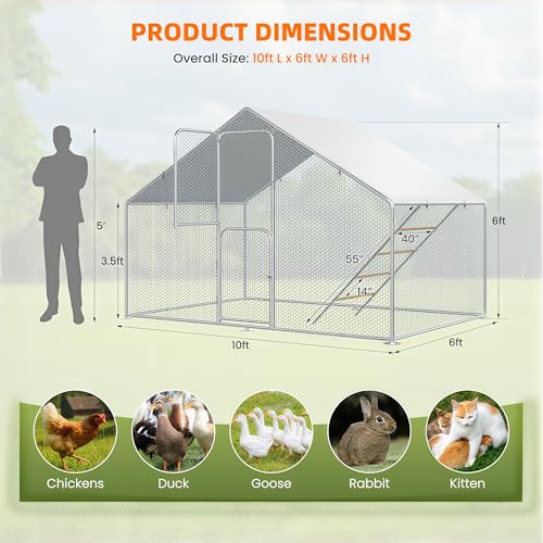 UDPATIO Large Metal Chicken Coop Walk in & Run – Heavy Duty Outdoor Poultry Run with Protective Cover for 10-15 Chickens, Ducks, or Rabbits | Predator-Proof & Weather-Resistant | Double Feed Door UV-Resistant Cover Heavy Duty Outdoor Cage for Bird Duck Ra