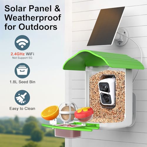 birdsnap® PAV Bird Feeder with Camera Solar Powered 2K Live Video 64GB Card | AI Bird Species Identification, Instant Arrival Alerts, IP65 Waterproof, Wild Bird Feeders for Outdoors, Gift for Bird Lovers - color: Green