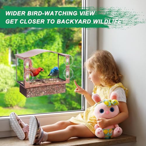 Lilyang Window Bird Feeder with Strong Suction Cups | Easy Refill Tray with 1.7 Lb Capacity, Sturdy Rust-Proof Metal, Hand-Painted Vintage Texture, Outdoor Wild Bird Watching Gift