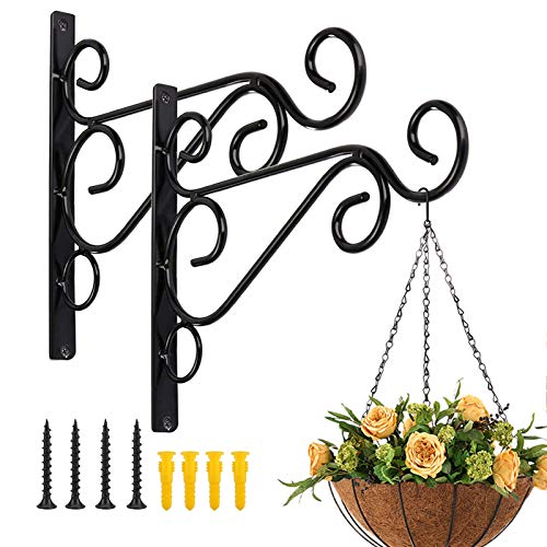 Fashion&cool Hanging Plant Brackets, Pack of 2 10 inch Iron Wall Mount Plant Hanging Hooks Metal Wall Brackets Hangers for Indoor Outdoor Planter Bird Feeder Lanterns Wind Chimes with Screws
