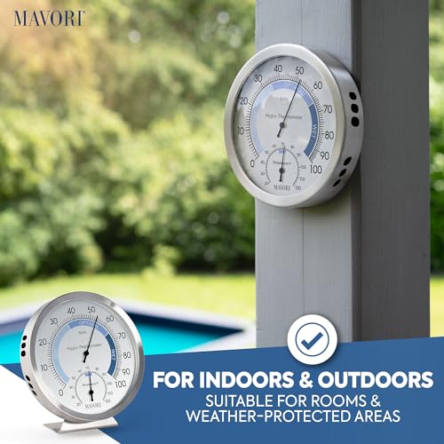 Analog Hygrometer – Thermometer Hygrometer for Indoor – Premium Stainless Steel Humidity Gauge Indicator – Temperature and Humidity Monitor – Battery Free Operation – Ø 12.5 cm