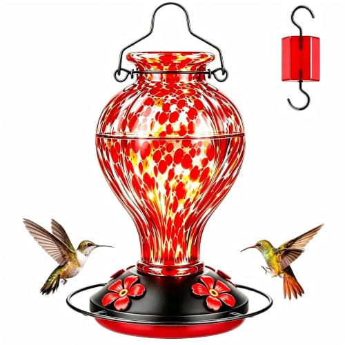 Hand Blown Glass Hummingbird Feeders for Outdoors Hanging, 24oz Wild Bird Nectar Feeder with Ant Moat and Perch, Bee-Resistant Ports, Garden Decor, Gifts for Women Mom, 1 Pack, Red Polka Dots - color: Red Polka Dots