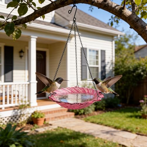 Bird Baths for Outdoors, 11" Pink Glass Birdbaths Outdoor Birdfeeder with Metal Stake - color: Pink with Hanging