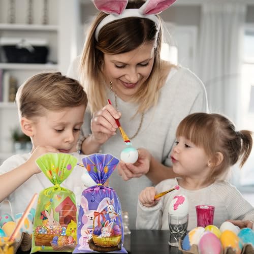 100 Pcs Easter Cellophane Treat Bags - 5 x 11 in Clear Candy Bags with 110 Gold Twist Ties for Kids - 2.8 Mil Thick Happy Easter Goodie Bags for Cookies, Snacks, Party Favors & Gift Packaging - color: Easter 100pcs