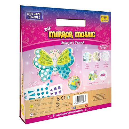 Imagimake Mirror Mosaic - Butterfly & Peacock, 5 Templates, 450+ Stickers | Mess-Free Craft Activity, Screen-Free Creative Art Kit for Kids, Birthday Gift for Boys & Girls Ages 3,4,5,6,7 Years Old - style: 2. Butterfly & Peacock