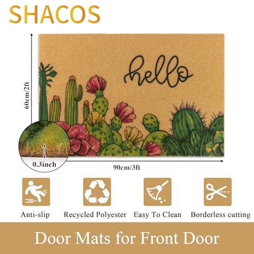SHACOS 2x3ft Artificial Coir Door Mat, Hello Cactus | Non-Slip, Dirt Trapping, Low Pile 0.3", Welcome Doormat, Front Door Porch Entryway Patio Entrance - color: Hello Cactus, size: 2x3ft