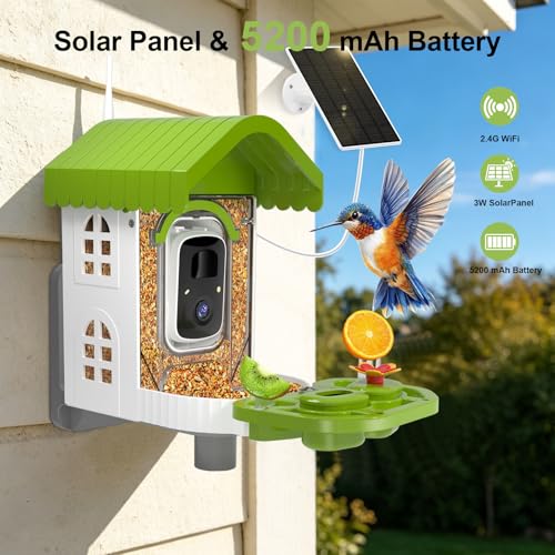 Smart Bird Feeder with Camera Solar Powered, AI Species Identification, 2K HD Video, Instant Arrival Alerts, Weatherproof Design for Outdoor, Best Gift for Bird Lovers(Green) - color: Green