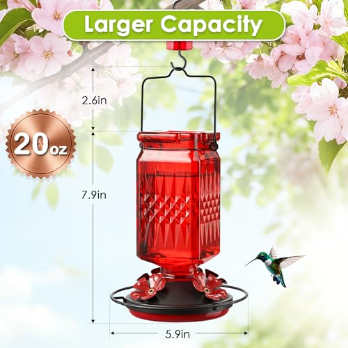 20oz Glass Hummingbird Feeder for Outdoors Hanging, Bird Nectar Feeder with 4 Bee Guard Flower-Shaped Feeding Ports & Built-in Ant Moat, for Bird Lover, Red (1 Pack) - color: Red 1 Pack
