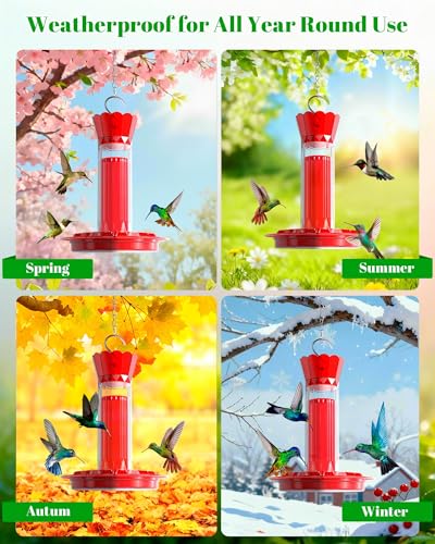 Hummingbird Feeders for Outdoors - 30 Bee Proof Feeding Ports 10 oz Red Hanging Plastic Humming Bird Feeder with Built-in Ant Moat, Perches for Outside Garden Yard Decorative