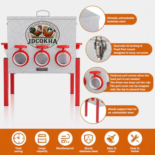 55LB Automatic Chicken Feeder,Large Metal Chicken Feeder with 8 Ports ,Adjustable Legs