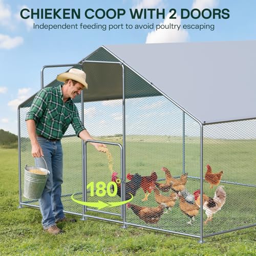 Large Metal Chicken Coop with Run, Waterproof & UV Protected Cover, Holds Up to 30 Chickens. Double Lock Doors, Spire Roof Design, Ideal for Hens, Ducks and Rabbits (13.1 x9.8 x 6.6 FT)