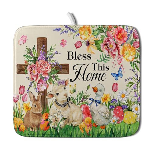 Easter Farmhouse Dish Drying Mat Funny Animal Dish Pad for Kitchen Counter Small 16 X 18 - color: Colorful Farmhouse Animal, size: 18" x 16"