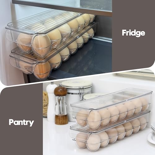 Sea Team Stackable Clear Acrylic Refrigerator Egg Tray, 14-Slot, 2-Pack | Transparent Design, Crystal Visibility, Lidded, Versatile Egg Organizer Dispenser for Fridge and Kitchen Countertop Storage - size: 14.6 x 4.3 x 5.5" / 2-Pack