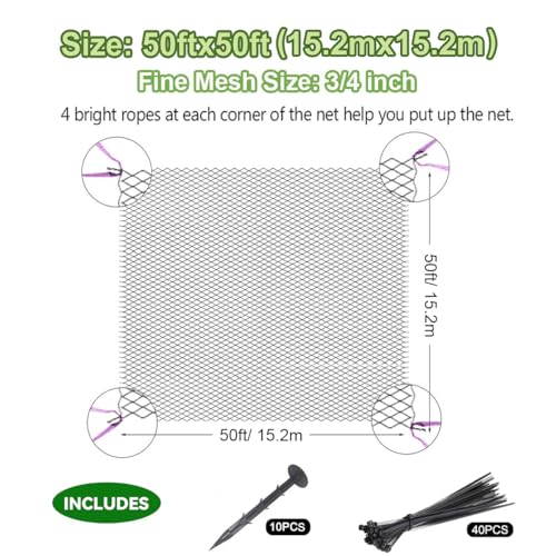 OGORI 50' x 50' Bird Netting Heavy Duty Nylon 3/4" Mesh Garden Netting Protect Fruit Trees, Plants and Vegetables - size: 50'×50'-3/4''