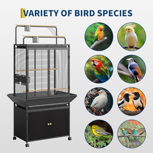 GarveeLife Large Bird Cage, Parakeet Cage with Play Top & Storage Cabinet, Indoor Outdoor Birdcage for Parrot, Cockatiel, Macaw Budgie, Black Walnut Wood