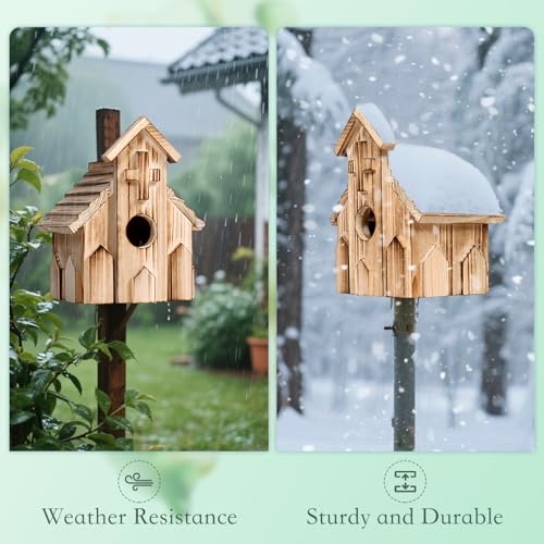 Church Birdhouse for Outside, Wooden Hanging Bird Houses, Weather-Resistant Garden Decor for Bluebird,Sparrow,Finch,Cardinal, Outdoor Bird Nest Box with Predator-Proof Entrance Hole