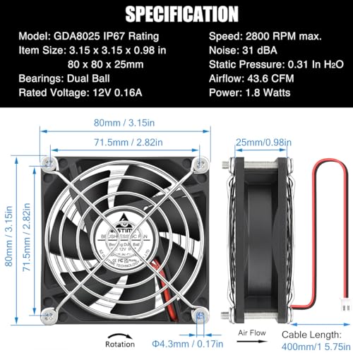 GDSTIME IP67 Waterproof Fan 80mm x 25mm 12V DC 2-Pin Dual Ball Bearing 8025 | High Speed, for RV Fridge, Wine Cooler, Humidifier, Electronic Box Cooling Exhaust Ventilation, Brushless Case Fan 80x80x25mm - size: 80x25mm
