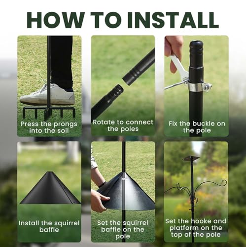 Bird Feeder Pole, 108-Inch Adjustable Squirrel Proof Bird Feeder Pole (Black) with 4 Sheep Hooks. for Outdoor Use (House Not Included)