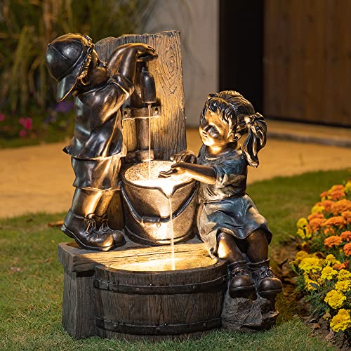 Glitzhome Outdoor Water Fountain with LED Light, Children Playing with Faucet Waterfall Fountains, Antique Bronze Resin Boy and Girl Statue Outdoor Waterfall Fountain for Patio Backyard Garden, 25”H - color: Children