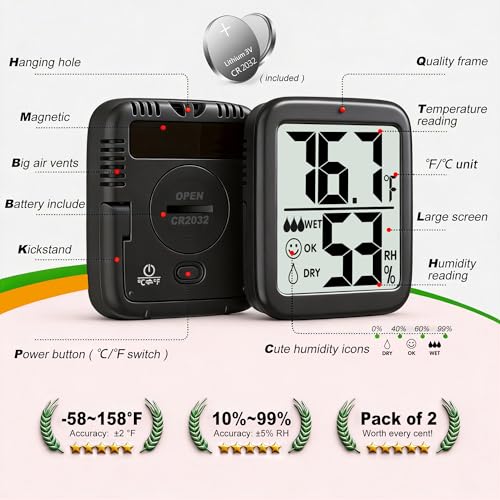 2 Pack Room Thermometer Indoor Hygrometer | Monitor Temperature & Humidity, Accurate, Fast Read, Easy To View, Magnetic/Kickstand/Hanging, ℉/℃, w/ Battery, Compact - color: 2 Pcs * Classic Black ( 97%+ Choice )