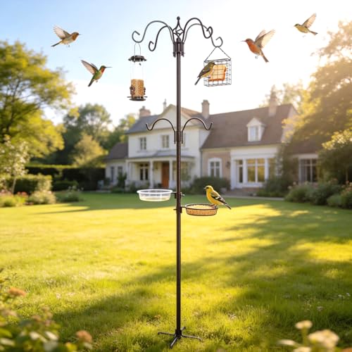 83" Bird Feeding Station Kit with Multiple Hooks, Heavy Duty Metal Bird Feeding Station with Seed Tray & Mesh Basket, Easy Assembly Ground Mounted Bird Feeder Pole for Garden Yard Outdoor - size: 83"Bird Feeding Station