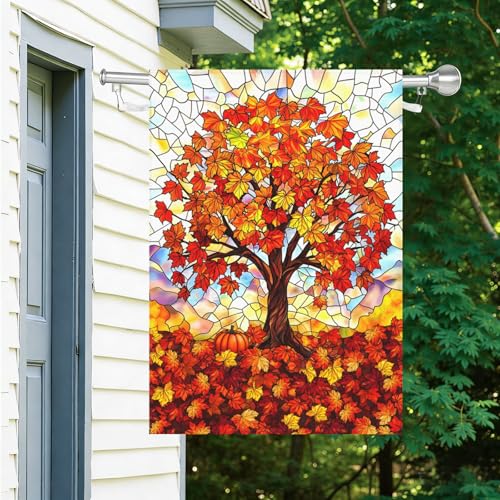 Fall House Flags for Outside 28 x 40 Double Sided Stained Glass Autumn Tree Life Garden Flag Thanksgiving Harvest Holiday Decorations Outdoor Yard Banner Large - color: falltree