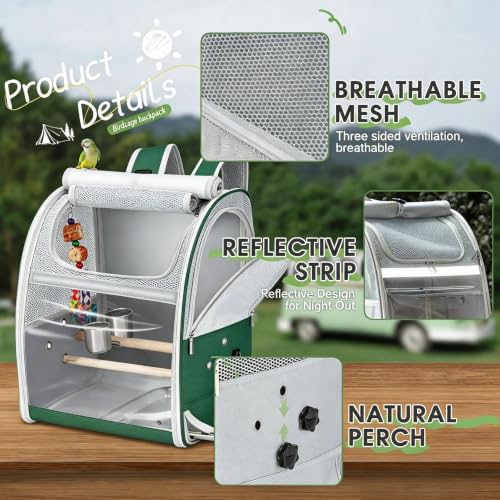 Sanmoncare Bird Carrier Backpack with 2 Adjustable Perches, Water-Repellent Parrot Travel Cage with Stainless Steel Tray, Breathable Pet Carrier for Cockatiels, Conures and Vet Visits, Green - color: Green