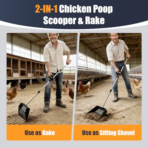 12" Wide Chicken Poop Scooper, 2-in-1 Chicken Poop Scoop Rake, Stainless Steel Scoop, Adjustable Handle, for Chicken Coop, Farm & Pet Waste Cleanup - color: 12" Wide, size: 63.0"L x 12.0"W x 3.0"H