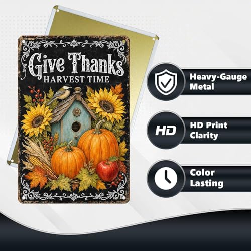 Give Thanks Birdhouse Tin Sign Sunflower Pumpkin Fall Wall Art for Kitchen Dining Room Living Room Porch Entryway and Rustic Farmhouse Home Decor 12 * 8In - color: Vintage Thanksgiving Tin Sign 10, size: 20X30cm(12*8in)