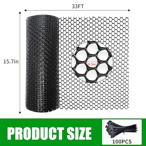 15.7IN x 33FT Black Plastic Chicken Wire mesh,with 100 Zip Ties | Ideal for decorative fences, poultry, rabbits, dogs, garden beds, balcony screens, floral guards & DIY.Easy to cut and bend - color: 33ft Black