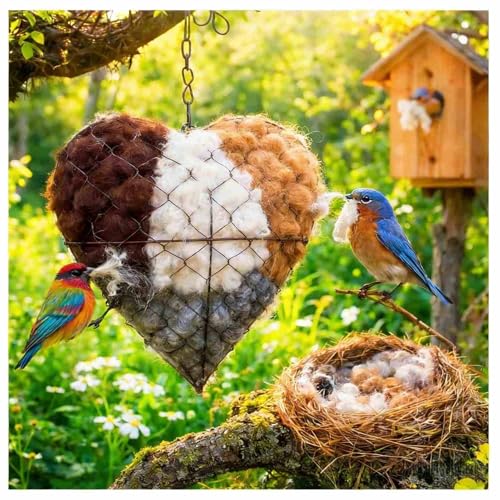 Handmade Fiber Bird Nesting Heart, Birds Nests Material Holder, Hummingbird Nest Boxes for Outside. Decorative Dual-Purpose Bird House: A Nesting Aid and Garden View Cottage (1Set) - color: 1Set