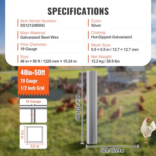 VEVOR Hardware Cloth, 1/2 inch 48in x 50 ft 19 Gauge, Hot Dipped Galvanized Wire Mesh Roll, Chicken Wire Fencing, Wire Mesh for Rabbit Cages, Garden, Small Rodents - size: 48'' x 50'