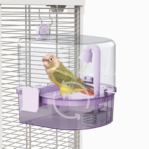 Automatic Bird Baths for Cage – Indoor Parakeet Bath with Pump, Bird Shower with 2 Modes Running Water, Bird Cage Accessory for Pet Birds Conure Budgies Cockatiels Lovebird (Purple) | Quiet auto pump with 4-layer filter & 4 refills Easy-clean clear tank o