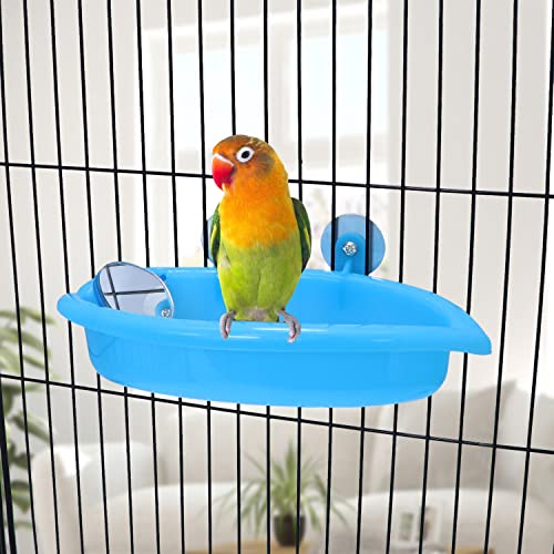 Wontee Bird Bath with Mirror for Small Birds Budgie Parakeet Cage, Blue (A) | Mirror design for fun & stimulation, easy to install and clean, stable, 7.4x3.9x1.4 inch size for budgies/canaries/finches - color: Blue (A)
