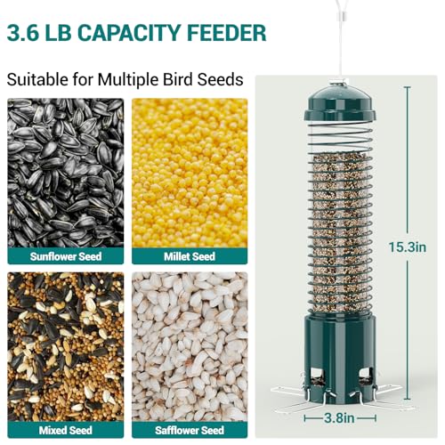 Squirrel Proof Bird Feeder, Metal Bird Feeders for Outdoors Hanging, 3.6LB Large Seeds Capacity for Wild Birds, Finch, Cardinal, Blue Jay, Chickadee, Green - color: Green