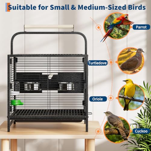 25.9''H Travel Bird Cage for Small Parrots Wrought Iron Portable Carrier Parrot Cage with Food Bowl/Perch, Slide-Out Tray for Canaries Budgies Parrotlets Lovebirds Conures Cockatiels, Black | Wrought Iron Portable Carrier Parrot Cage w/ Slide-Out Tray for