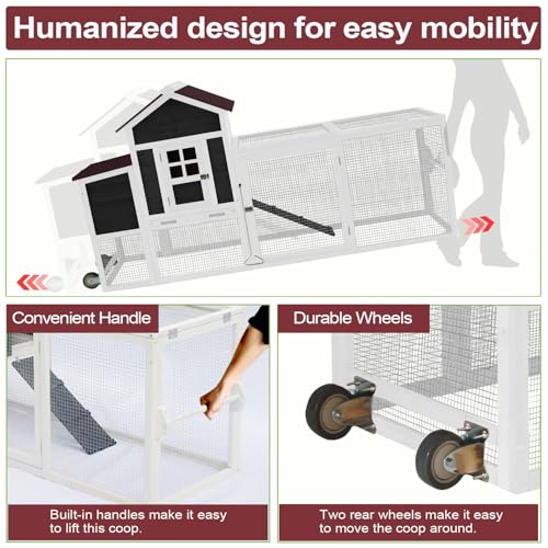 Chicken Coops for 1-2 Chickens with Wheels, Outdoor Wooden Hen House with Nesting Box, Large Rabbit Hutch, Outside Poultry House, Wire Fence Run Cages, Weatherproof for Backyard(Black) - size: 80.0"L x 24.2"W x 39.0"H