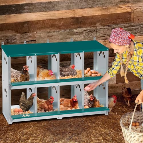 Chicken Nesting Box, 8 Compartment Metal Nesting Box | Wall Mountable Nesting Boxes for Chicken, 42.5" L x 13.0" W x 25.0" H, Green