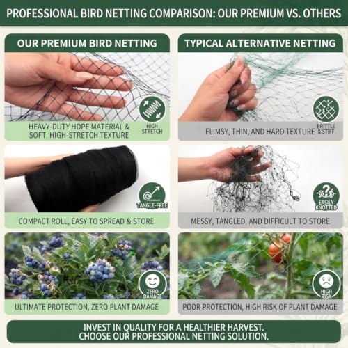 50x50 FT Heavy Duty Bird Netting for Chicken Coop & Garden | HDPE Poultry Netting Fence 1 Inch Diamond Mesh, Fruit Tree Vegetable Protection from Birds Deer Squirrels - size: 50x50 FT