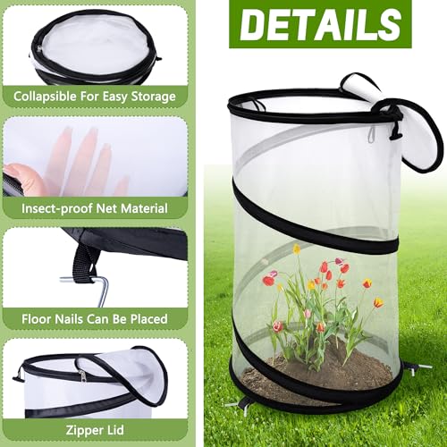4 Pcs Pop Up Insect Barrier Plant Cover Net, 19.6" x 11.8" Round Foldable Plant Protectors Mesh Plant Enclosure, Garden Net Cage Guard Cover with Stakes & Carry Bag for Protect Plants from Bird Insect