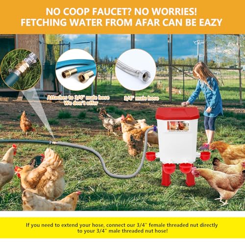 Lilyang Automatic Chicken Waterer, Auto Water Refills | Float-Controlled Poultry Watering System, Connects Directly to 3/4" Faucet & Hose (No Fitting Required), Standing/Hanging Use - color: Red