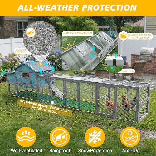 YOPTO Large Wooden Chicken Coop with Run Blue Gray 141.1 in | 21.2 ft² run, Fits 3–4 chickens, Nesting box, Sliding tray, Waterproof UV roof, Solid wood frame - size: 141 in