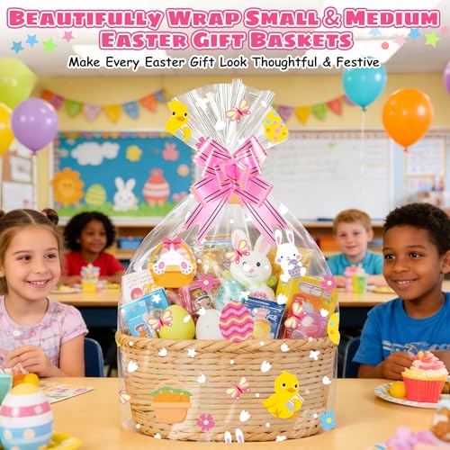 Soarvita 10PCS Large Easter Basket Bags with Bows: 20×28 Inch Clear Cellophane Wrap for Gift Baskets - 2.8 Mil Thick Easter Cellophane Bags for Oversized Toys Holiday Hampers and Gift Wrapping