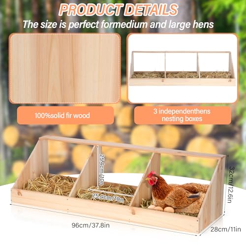 Nosiny Triple Nesting Boxes Wood Chicken Nesting Box 3 Compartment Room Hen Chicken Laying Boxes Versatile Use Easy Assemble for Duck Poultry, 37.4 x 12.8 x 11.2 Inch, Brown