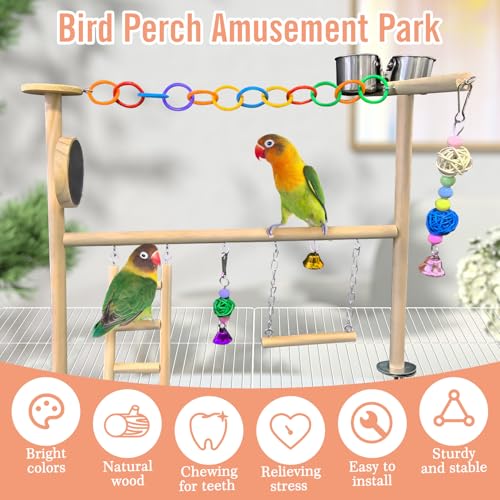 Hamiledyi Small Bird Playground Natural Wood for Top of Cage Bird Perch Stand for Parrots Play Gym Toys for Small Birds Parrot Cockatiel Love Birds Budgie(Style A)