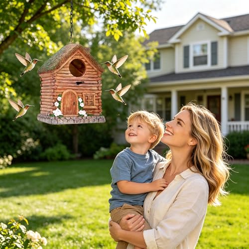 LAUGOKEBE Bird House for Outside, Rustic Cottage Hanging Birdhouse, Hand-Painted Resin Decorative Bird Nesting for Outdoors for Bluebird Finch Cardinals, Sparrow, Garden, Patio, Yard