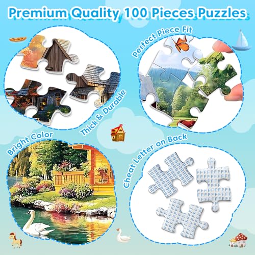 4 Pack 100 Piece Puzzles, Large Piece Jigsaw Puzzle for Kids Ages 5-8 | 4 Themed Landscape Puzzle Set Educational Toys for Girls Boys, Fun Learning Activity Puzzle Games for Children Ages 4-10 - style: Swan Lake Autumn Forest Cabin Lighthouse